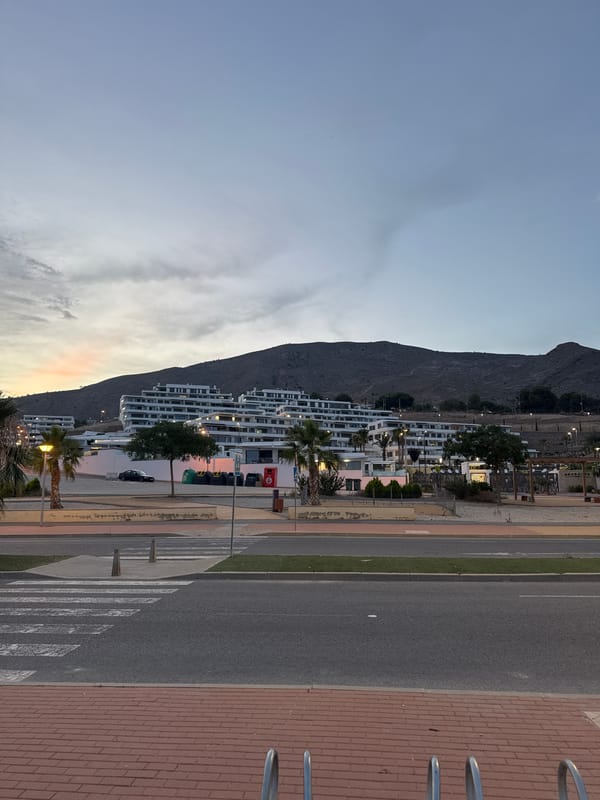 Twilight tour of a hillside residential complex in Finestrat, Spain
