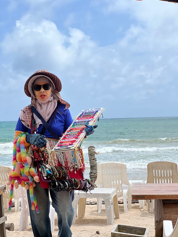 Beach scene documented: vendor, furniture, warning flag, wildlife observed