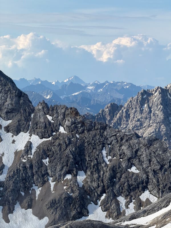 Morning on the Zugspitze: Alpine views, odd skies, summer snow