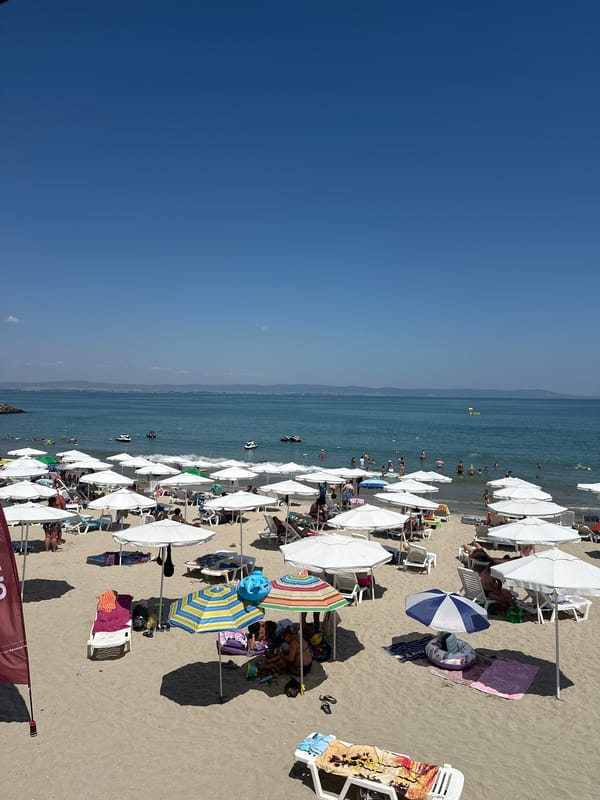 Packed summer beach day in Pomorie, Bulgaria