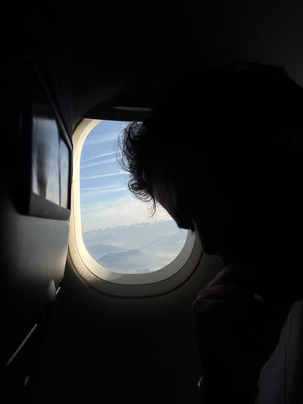 Passenger silhouetted against airplane window captured over northern Italy