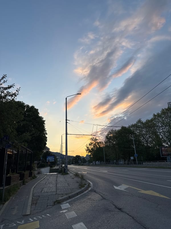 Evening sky colors observed over Varna street scene