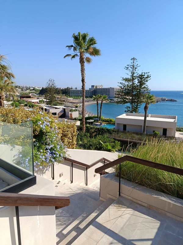 Sunny morning at a Rhodes resort, pool and bay views