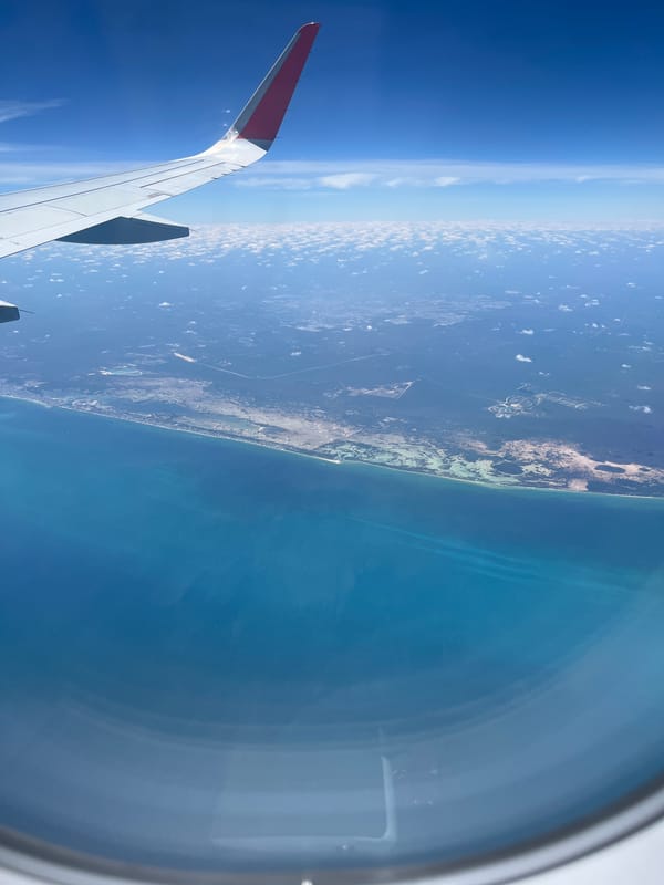 Aerial view of Puerto Arturo coastline captured from airplane