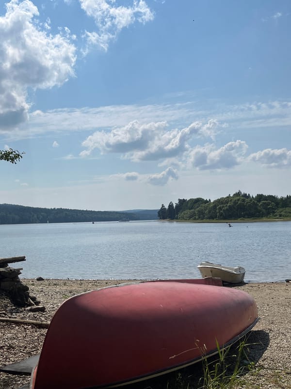 Boats resting at a calm Czech lakeside on a sunny day
