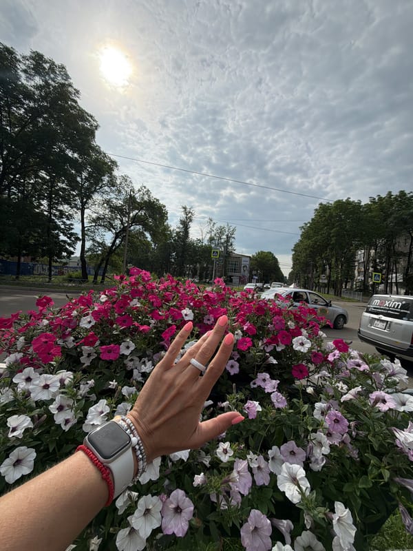 Selfies and flower shots at a Birobidzhan petunia planter