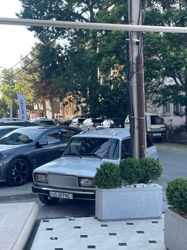 Street scenes captured in Tashkent show parked cars, pedestrian