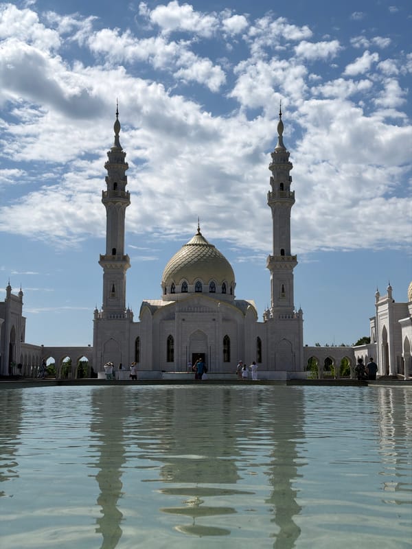 Morning visitors gather at White Mosque in Bolgar, Russia