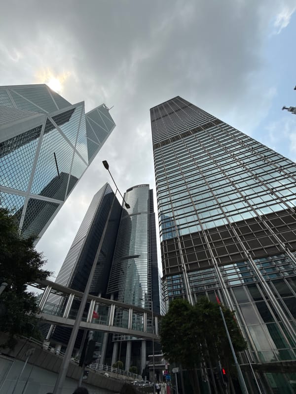 Street-level documentation captures Central Hong Kong skyscrapers and parked Porsche