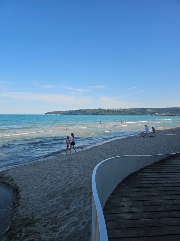 Sunny afternoon along a coastal promenade with cats and beach bars