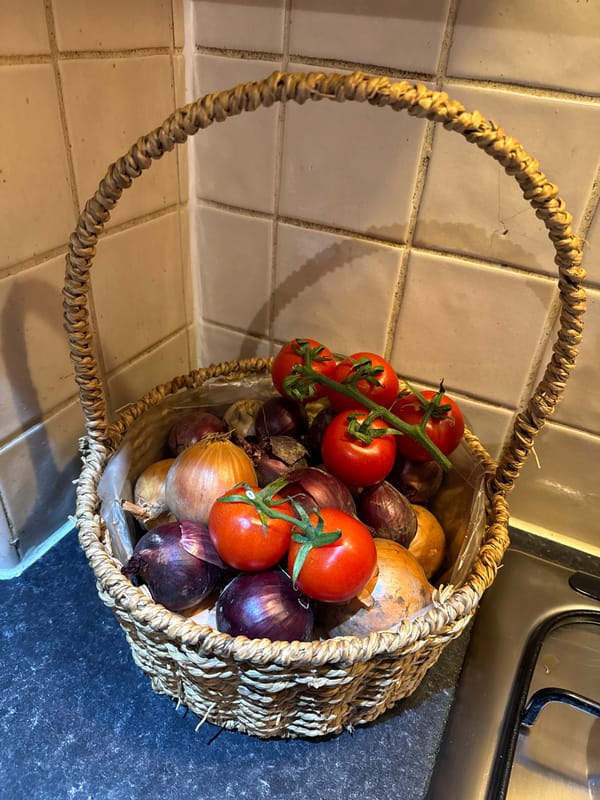 Fresh vegetables photographed in woven basket in Great Yarmouth