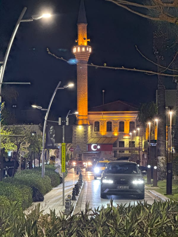 Evening pedestrian activity observed in historic Bodrum, Turkey