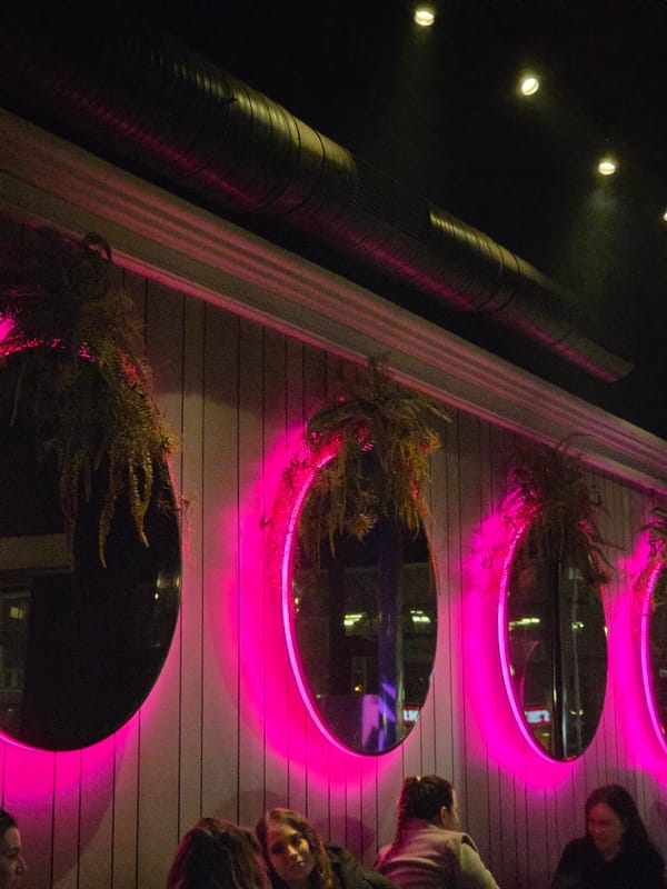 Pink neon-lit mirrors with plants spotted on Varna building