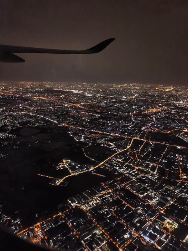 City lights sprawl endlessly below a late-night flight