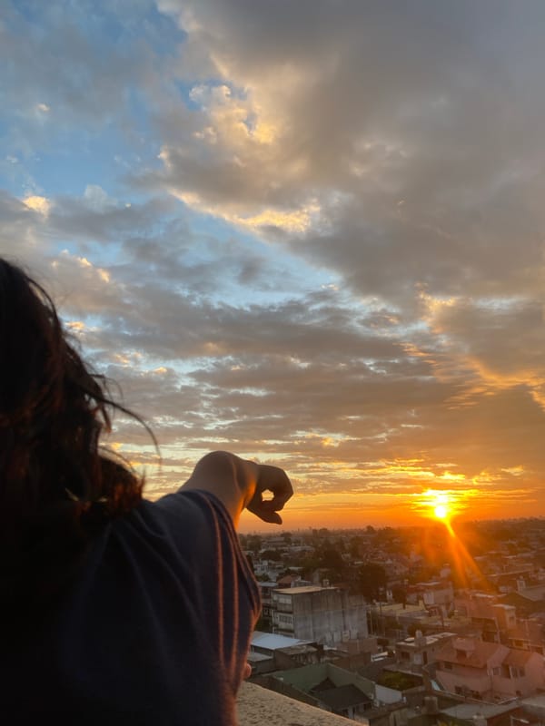Sunset viewing and pet interactions captured in Wilde, Argentina