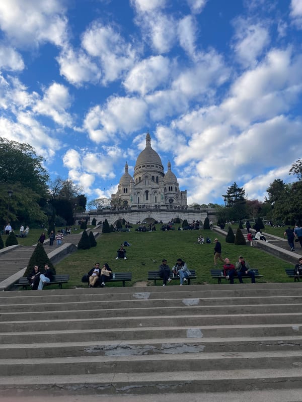 Tourist captures Sacré-Cœur and Paris panorama from Montmartre