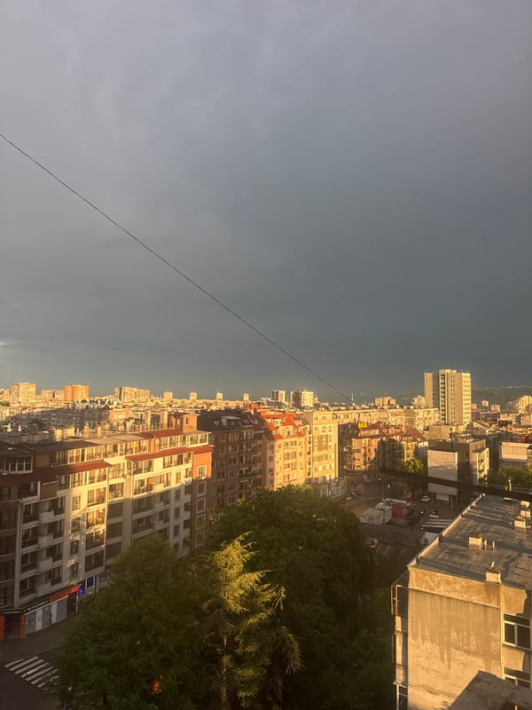 Elevated cityscape view with power lines captured from rooftop