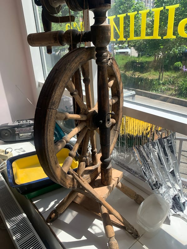 Antique spinning wheel spotted indoors in Stavropol, Russia