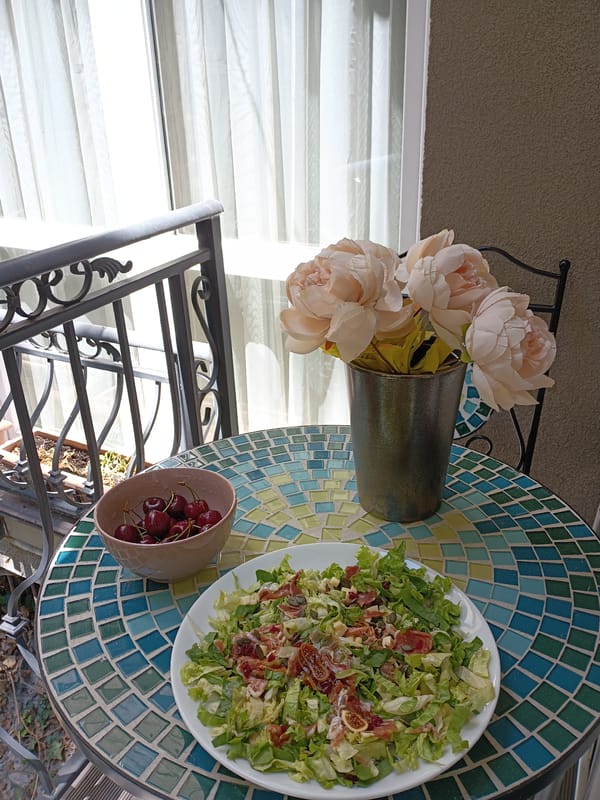 Homemade lunch coming together on a Sofia patio