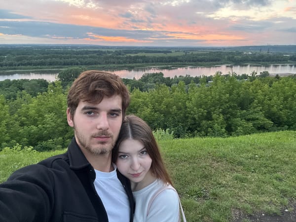Couple takes landscape selfie in Ufa, Russia