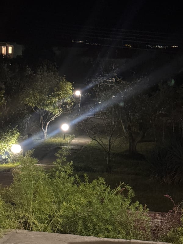Streetlights illuminate path in Γερακινή, Greece at nighttime