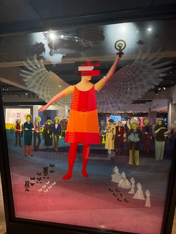Feminist artwork with winged figure observed in Tel Aviv