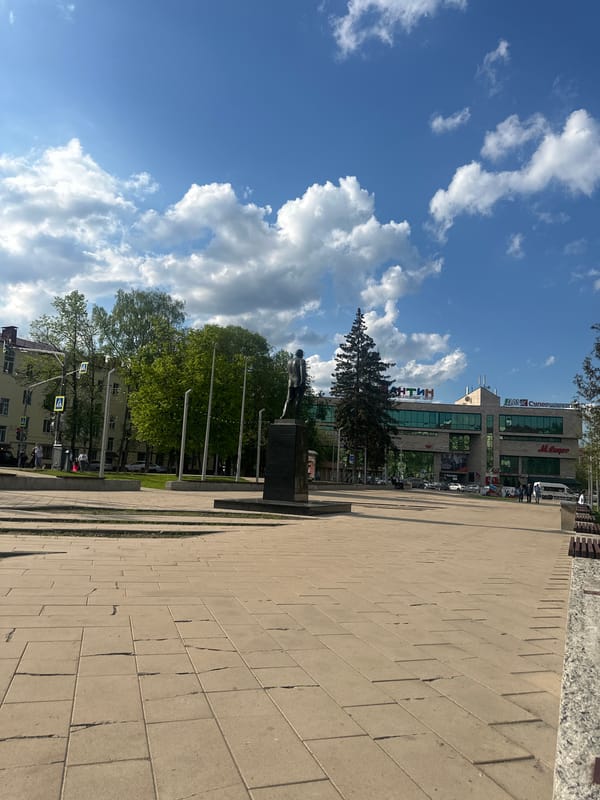 Pedestrian walkway with statue observed in Naro-Fominsk, Russia
