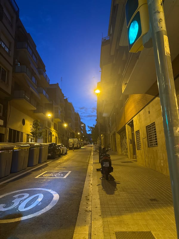 Twilight street scene near Maragall metro, Barcelona