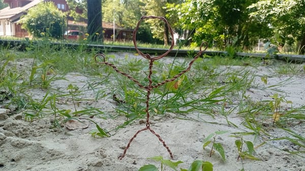 Handmade wire figure planted in sandy ground, Karviná