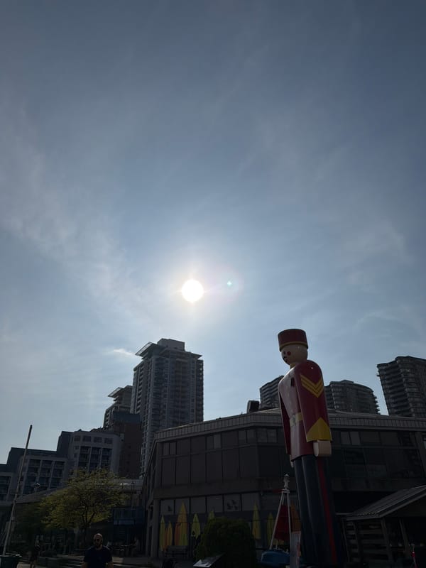 Toy soldier statue captured against New Westminster skyline
