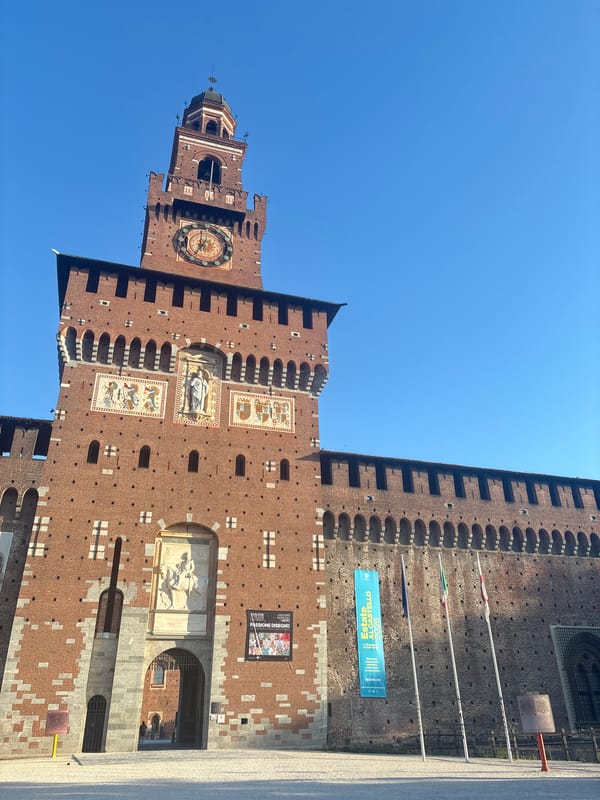 Sforza Castle and park fountain on a clear Milan morning