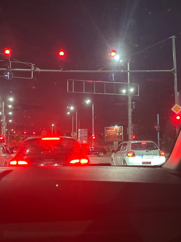 Late-night drive through Plovdiv intersections, fog and red lights