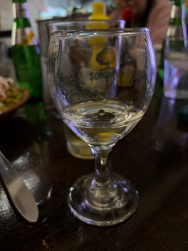 Wine glass spotted on table in Galabovo, Bulgaria