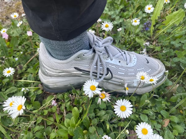 Person in grey running shoes walks through daisy field