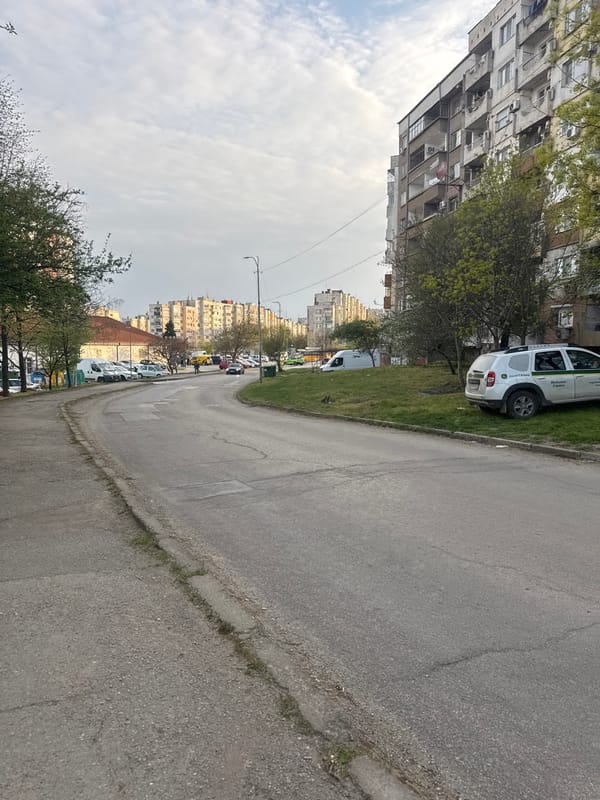 Soviet-era buildings captured in Montana, Bulgaria street scene