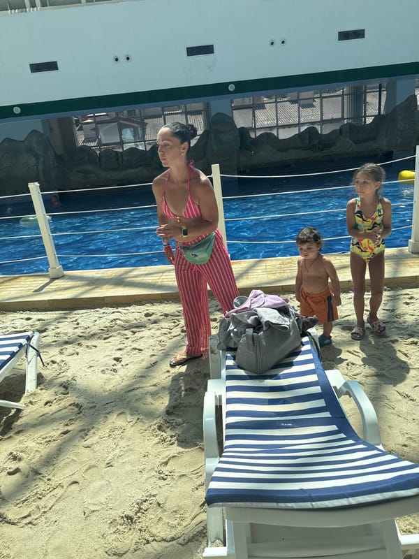 Inside a large indoor beach and water park resort in Estosadok