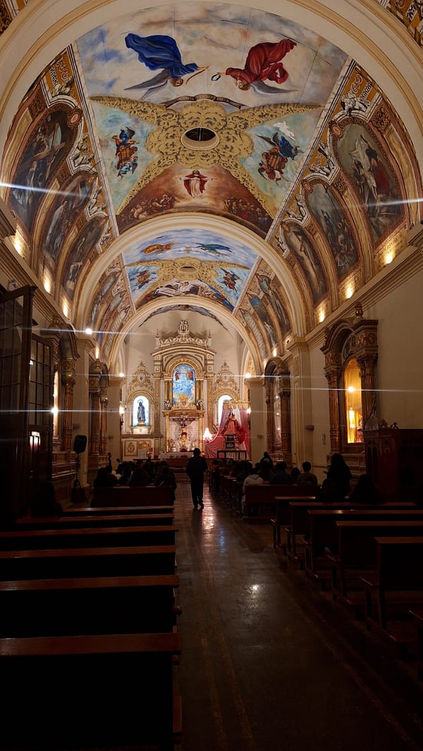 Evening piano performance in ornate Arequipa church