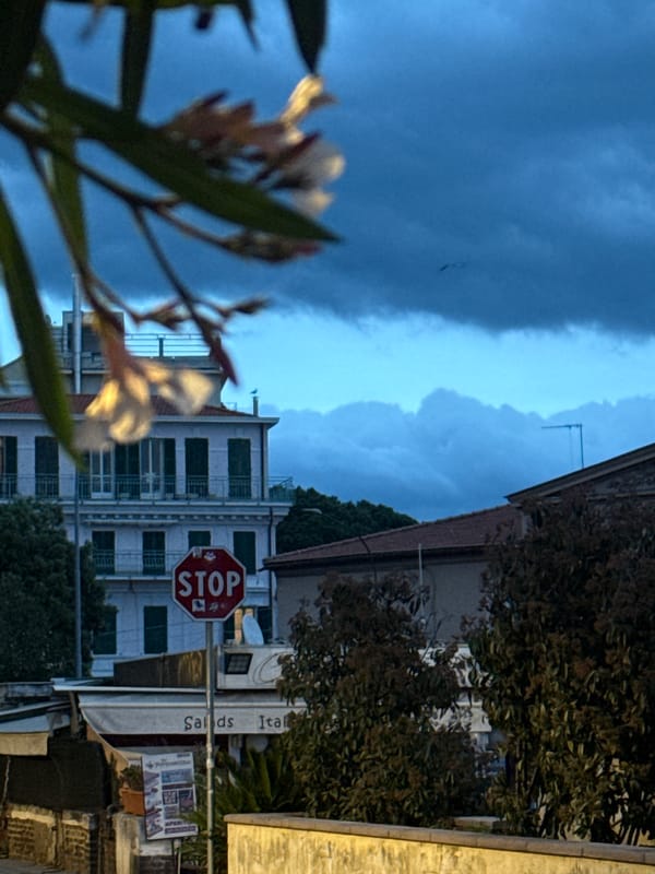 Evening street scene observed in Sanremo, Italy