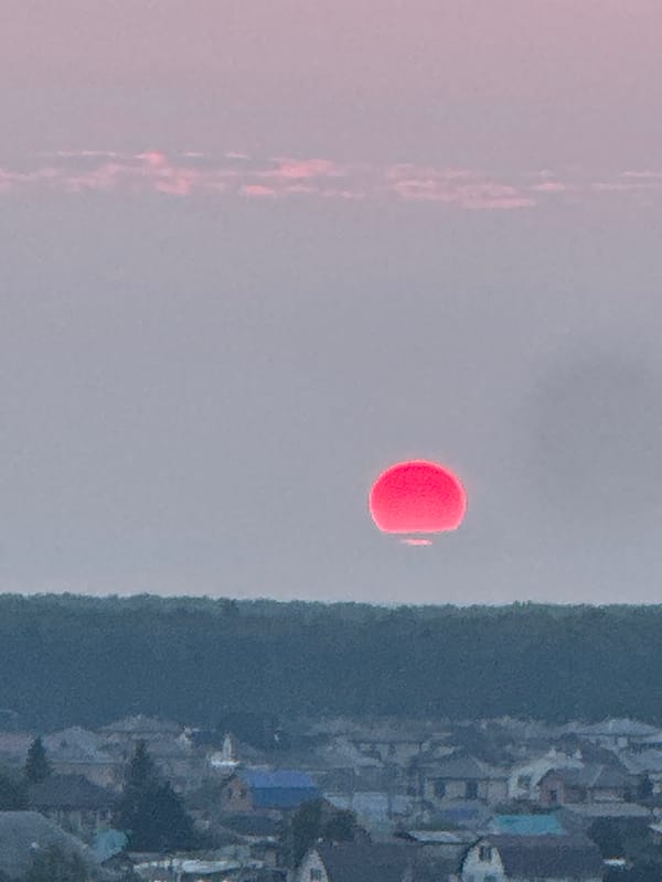 Red sun hovers low over a suburban landscape at golden hour