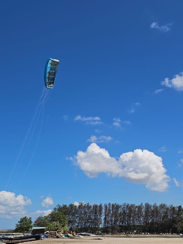 Busy morning on a Denpasar beach: kites, surf, and coastal life