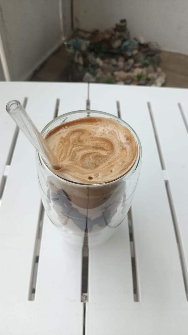Iced coffee drink, double-walled glass, Varna café