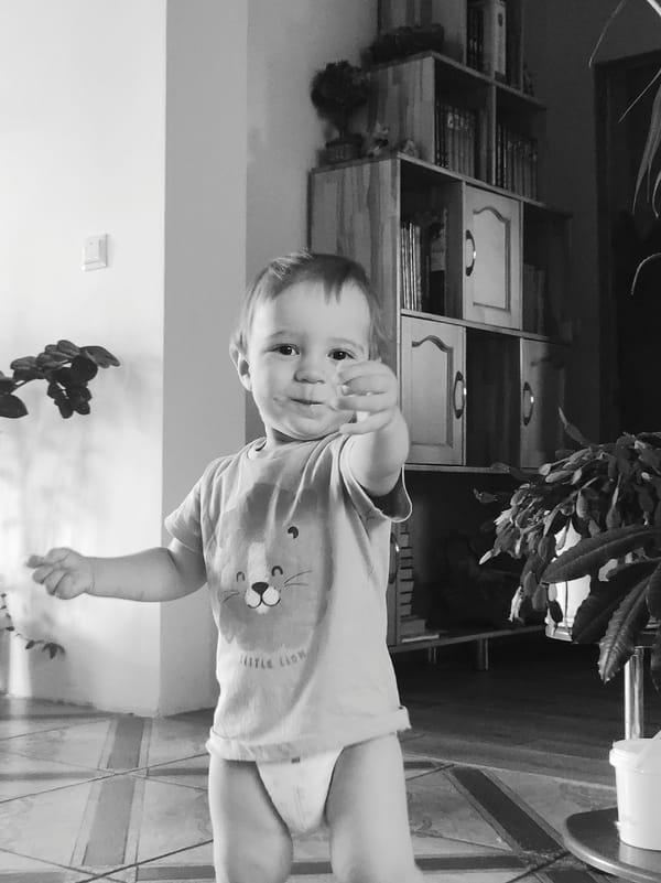 Toddler in lion shirt photographed indoors making hand gesture