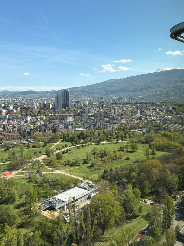 Aerial view captures Sofia cityscape near Vitosha Mountain