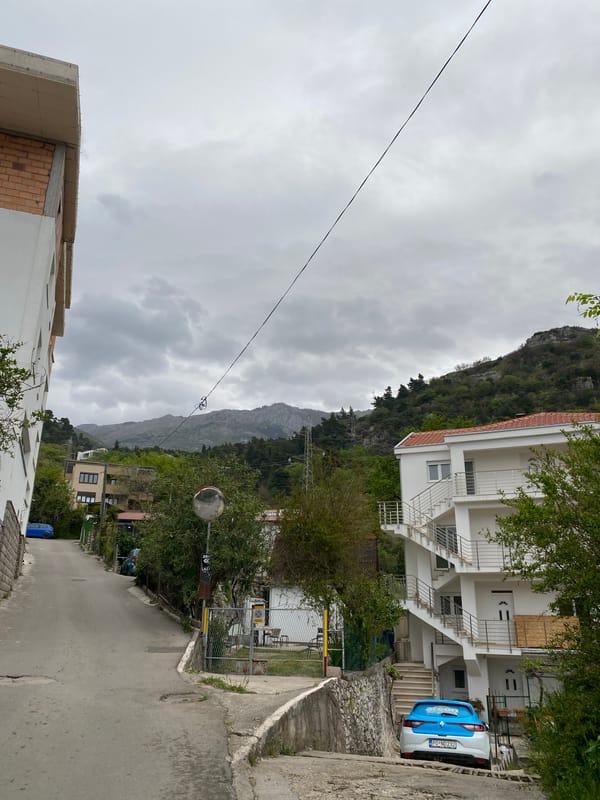 Morning walk through rainy Budva captures spring blooms, streets