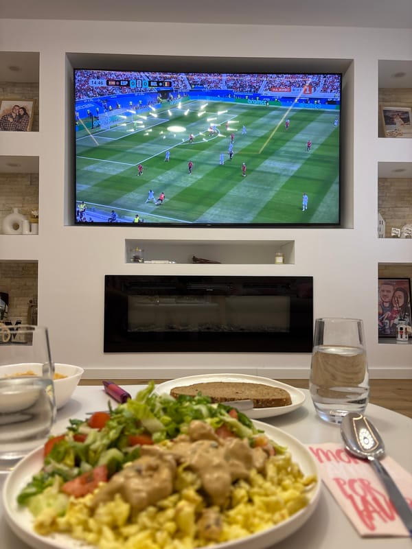 Dinner at home in Viernheim with soccer on in the background