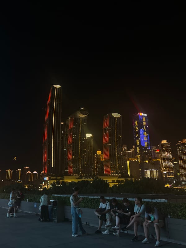 Chongqing's Jiangbeicheng waterfront lit up on a summer night