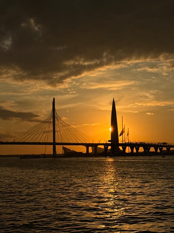 Saint Petersburg waterfront bathed in golden sunset light