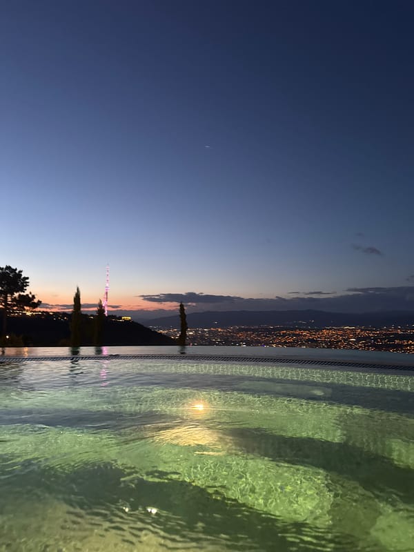 Rooftop infinity pool overlooks Tbilisi at dusk