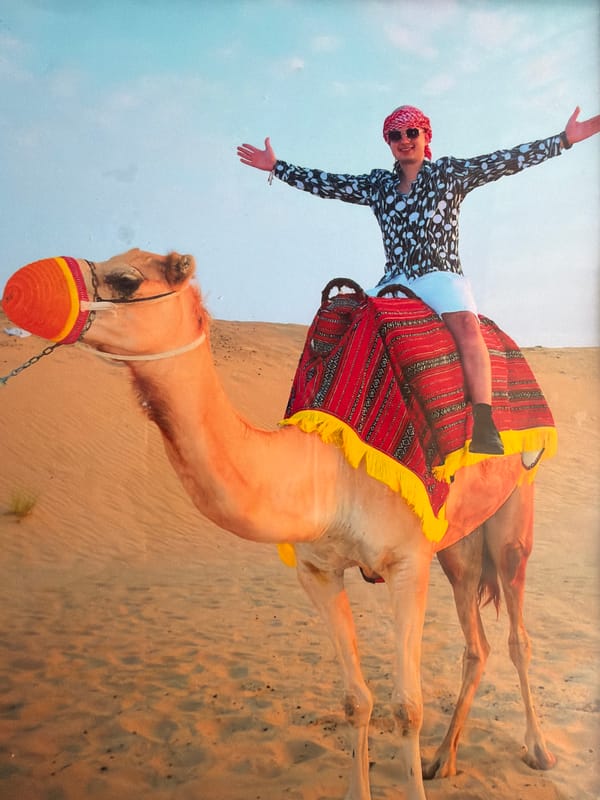 Person balances on decorated camel in Plovdiv