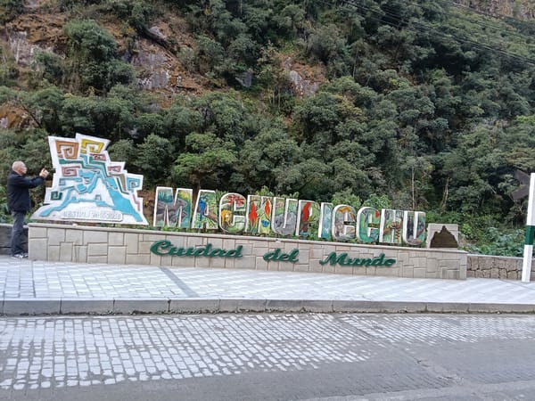 Decorated Machupicchu city sign photographed in Peru